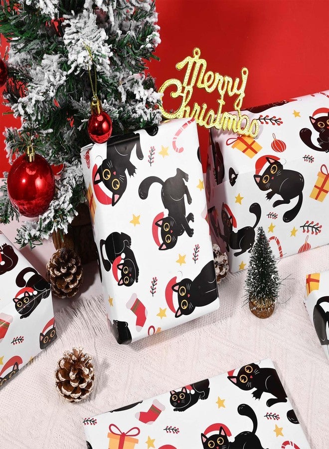 Bolsome 12 Sheets Cat Christmas Wrapping Paper Adorable Cartoon Xmas Black Kitty in Santa Hats Gift Wrap Paper for Holiday Xmas Party Celebration, 20" x 28" (Cat) - Image 3